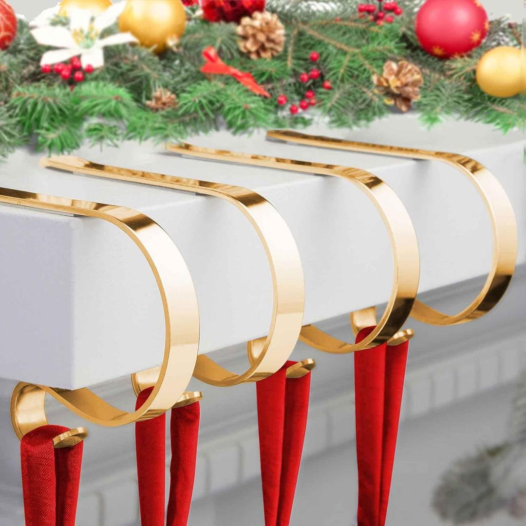 Christmas Stocking Holder,4 Pack Stocking Holders for Mantle,Non-Slip Stocking Holders for Christmas Decorations,Lightweight Stocking Hangers for Mantel Fireplace with Adjustable Design,Gold