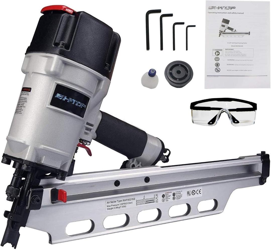 BHTOP 9021NS Framing Nailer 21 Degree 3-1/2" with Depth Adjustment Professional Air Nail Gun (Silver)