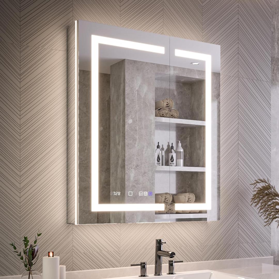 Recessed Medicine Cabinet with Lights, 30x36 Lighted Medicine Cabinet with Mirror, 10XMagnifier, GFCI Outlet, Blum Hinges, Front&Backlit, Anti-Fog, Dimmable&Tunable, Sensor Lights, Adjustable Shelves (30"X36")