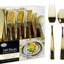 Gold Plastic Silverware Set, 160 Count, Extra Heavy Duty Flatware, Disposable Cutlery Utensils, 80 Forks, 40 Spoons, 40 Knives, Polished Gold, Bulk Pack