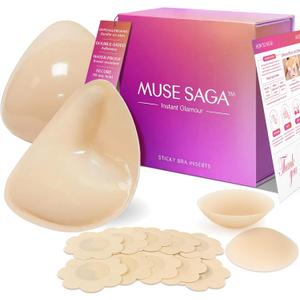Muse Saga Push Up Sticky Bra Inserts Hypoallergenic Reusable Sticky Bra Pads & Breast Enhancers for Women, Sweat Resistant, Small