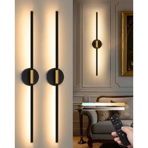 24 Inch Battery Operated Wall Sconce Set of 2, Dimmable Battery Sconces with Remote Control, 8000 mAh Rechargeable Sconces, 350 Rotate Modern LED Lights for Bedroom, Living Room, Black Gold