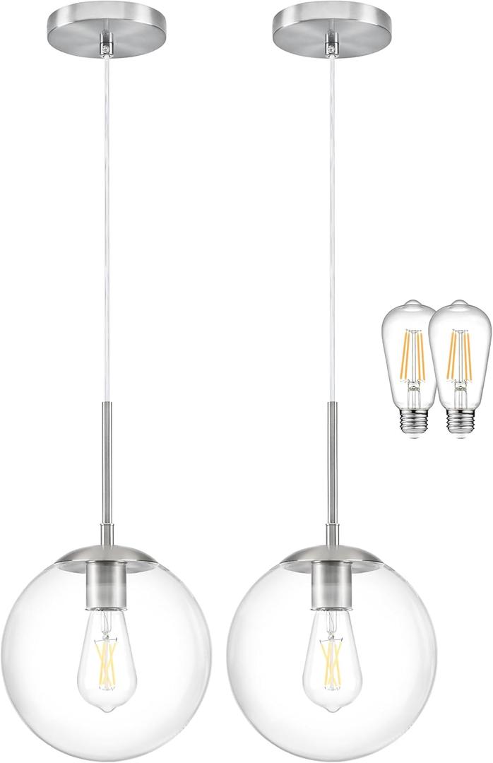 KoKo&Yukina 10" Modern Globe Pendant Light 2 Pack Mid-Century Nickel Pendant Lights Kitchen Island Height Adjustable Clear Glass Pendant Light Fixture for Dining Room Bedroom Hallway Sink Bulbs Incl.
