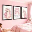 Cute Pink Unicorn Girl Quote Framed Wall Art Set of 3, Lovely Pastel Purple Rainbow Saying Sign for Baby Kid Toddlers, Cozy Watercolor Wooden Preschool Inspirational Flower Nursery Wall Decor Black