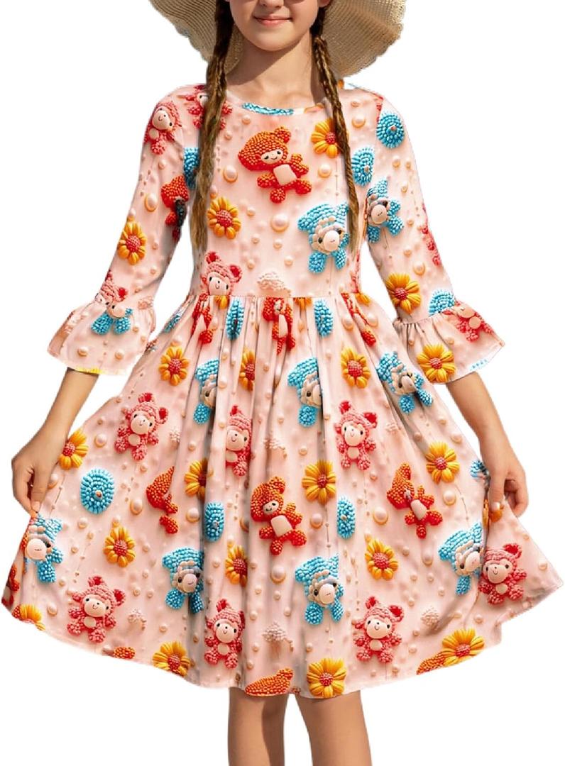 RONGTAI Girls Dress Back to School 3D Cartoon Print Round Neck Lightweight Casual 3/4 Flutter Sleeve Party Dresses Size 6-12 (10-11 Years, Animal)