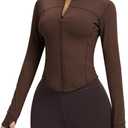 AVGO Women's Cropped Running Workout Jackets Zip Slim Fit Athletic Tops with Thumb Holes(Roasted Brown, S)