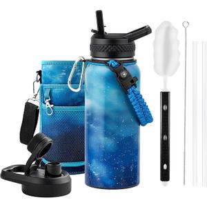 32oz Insulated Water Bottle, Triple Wall Vacuum Stainless Steel Water Bottles - Keeps Cold 48H, Reusable 1/4 Gallon water flask Jug for Gym, Sports, Camping, Hiking,Travel, Aurora-Blue