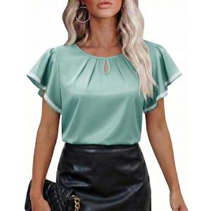 siliteelon Blouses for Women Business Casual Tops for Women Ruffle Short Sleeve Flowy Satin Silk Work Trendy Elegant Summer (Blue, L)