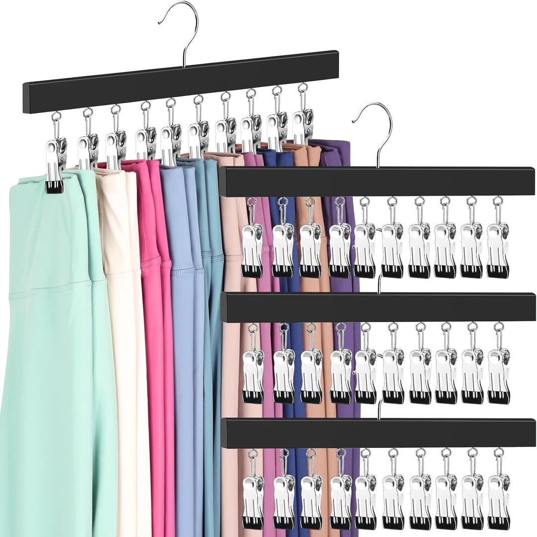 Legging Organizer for Closet, Pants Hangers with Clips Holds 20 Leggings, Jeans, Hats, Shorts, Socks, 360 Rotating Space Saving Hanging Clothes Organizer for Closet Organizers and Storage 4Pcs (Black)