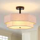 SGLfarmty 17.7" Double Drum Semi Flush Mount Ceiling Light, 3-Light Linen Drum Light Fixture Ceiling Mount, Farmhouse Flush Mount Light Fixture, Modern Close to Ceiling Lamp for Living Room Bedroom (Black)