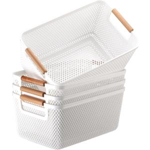 Tioncy 4 Pcs White Mesh Baskets with Wooden Handles Plastic Storage Organizer Baskets Pantry Basket Fruit Vegetables Gathering Basket Bin for Organizing Cabinet Closet Bedroom Kitchen(Medium)