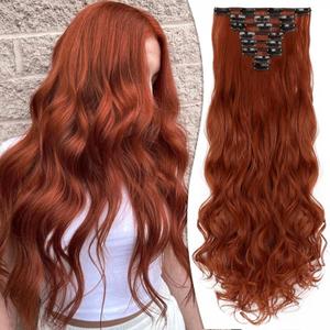 Clip in Hair Extensions 24 Inch 8PCS Copper Red Long Wavy Synthetic Hair Extensions Clip ins Thick Double Weft Hair Clip Extensions for Women