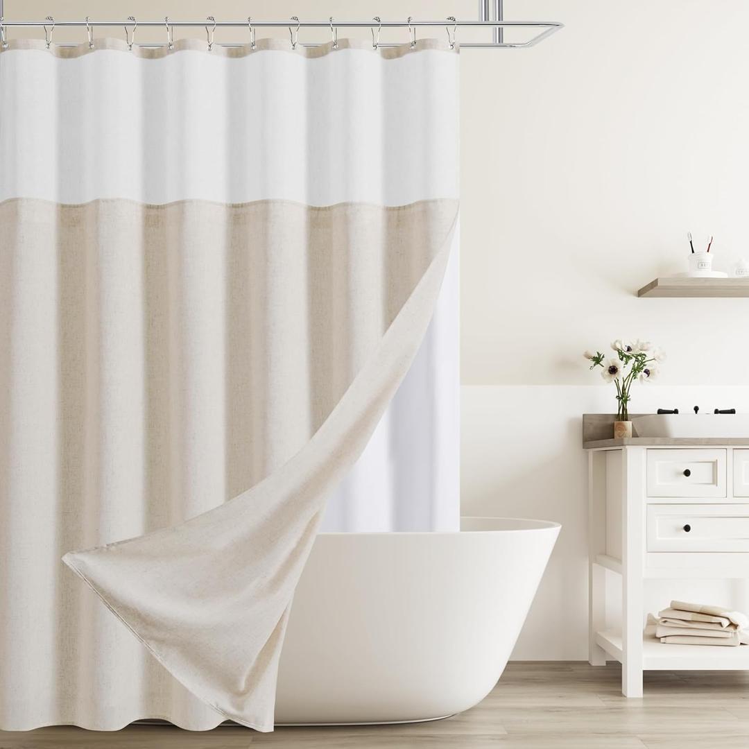 Naturoom Beige Linen Shower Curtain with Snap in Liner Set Rustic Farmhouse Shower Curtains for Bathroom 200GSM Textured Cream Burlap Cloth Double Bath Curtains with See Through Top Window 72x72