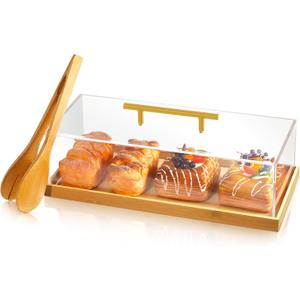 1 Set Rectangular Cake Tray with Lid 14" x 6" x 4" Dessert Display Case with Wood Base Acrylic Cake Stand Holder Serving Tray for Party Banquet Dessert Shop (Bamboo)