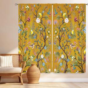 Cinbloo Mustard Yellow Floral Curtains for Women Bedroom 42Wx63H Inch Rod Pocket Vintage Retro Boho Sping Flower Plant Lemon Hummingbird Mid Century Colorful Luxury Living Room Window Drapes 2 Panels