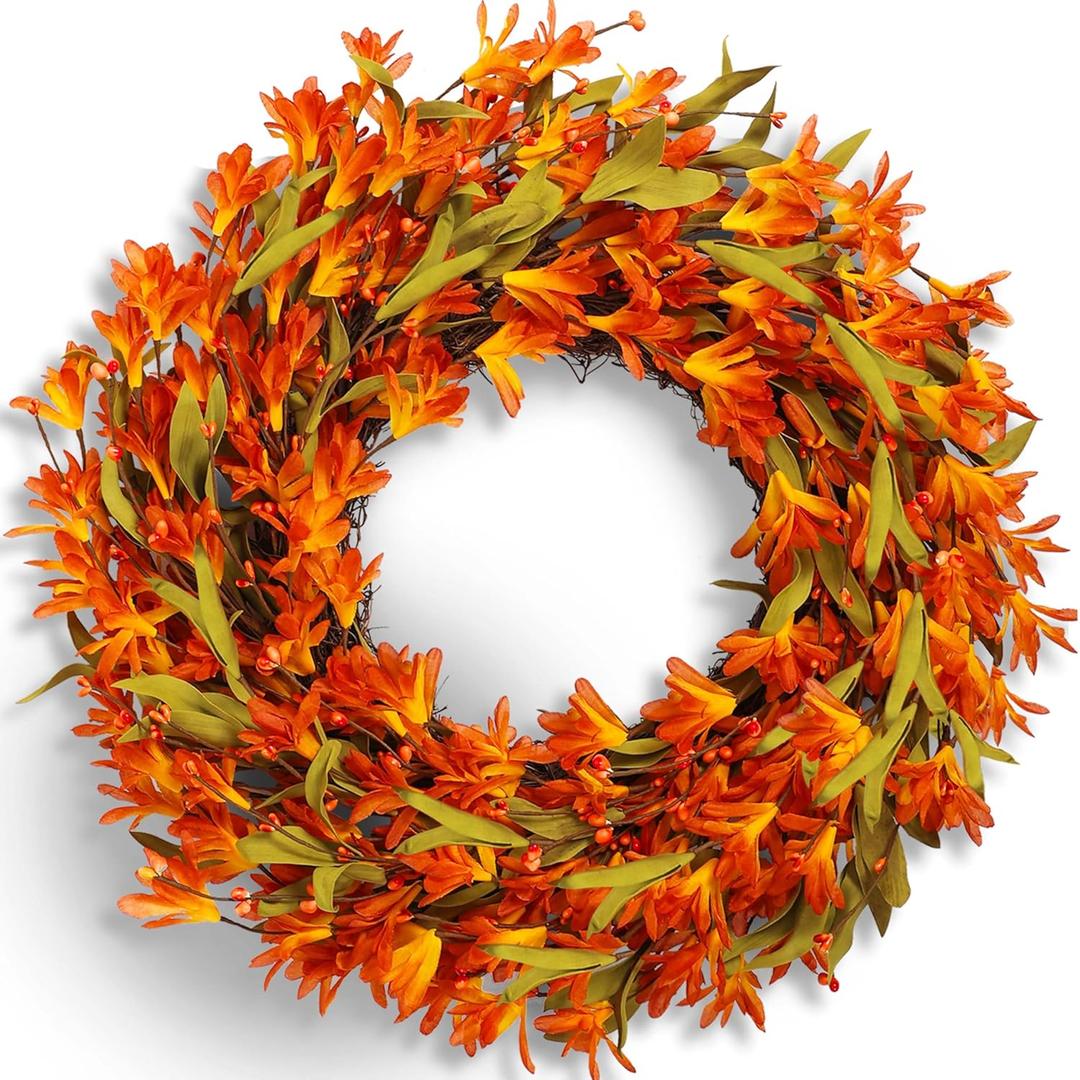 Fall Wreath 22 Inch Fall Wreaths for Front Door Orange forsythia Wreath with Berries and Autumn Leaves for Indoor Outside Door Harvest Festival Thanksgiving Day Celebration Decoration