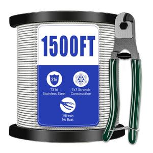 1/8 Stainless Steel Cable, Cable Railing for Stainless Steel Cable, 7x7 Strands Construction with Cutter for Cable Railing System 1500FT