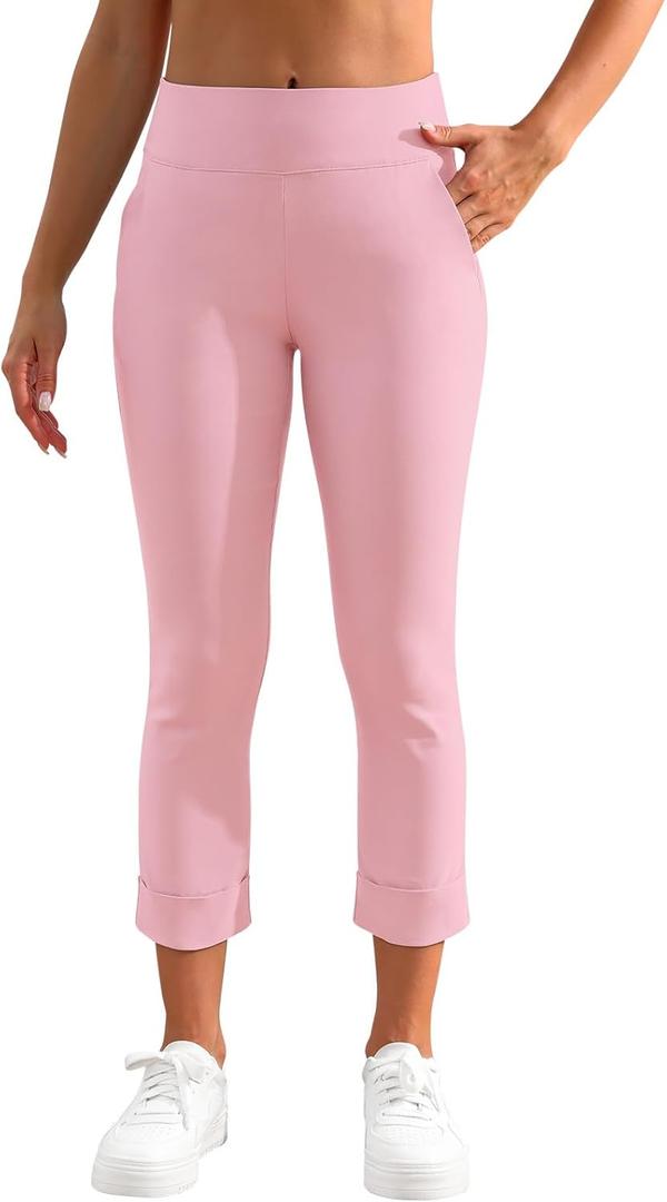JAMfit Women's Pull-On Capri Pants Stretch High Waist Dressy Casual Cropped Pants with Pockets (Pink)
