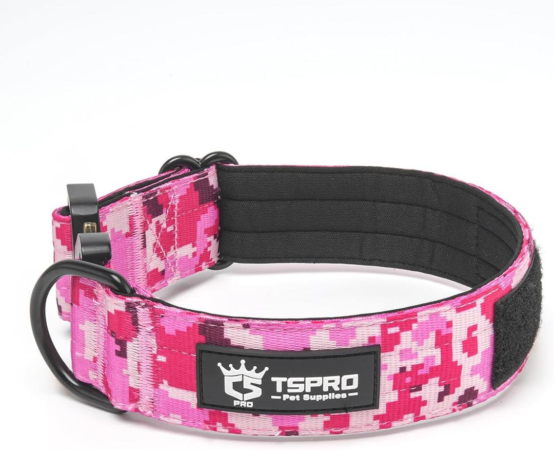 TSPRO Premium Dog Collars Tactical Dog Collar with Patch and Heavy Duty Quick-Release Metal Buckle Durable Thick and Adjustable for Medium to Large Dogs (Camo Pink L) (Patch Version-Size L (Adjustable 18.5"-25"))
