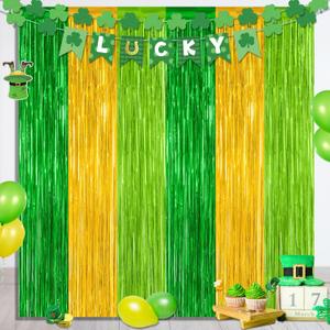 2 Pack St Patrick Party Decorations, 3.28 FT x 7.05 FT Green Gold Light Green Backdrop Curtains, Metallic St.Patrick Fringe Curtains Party Streamer Tinsel Backdrop, St Patrick Party Supplies