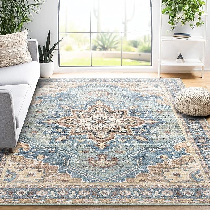 Area Rug 9'x12' - Vintage Design Washable Living Room Rug with Non-Slip Rubber Backing, Non-Shedding, Faux Wool Vintage Boho Area Rug for Bedroom, Dining Room and Laundry Room