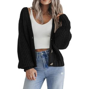 Zeagoo Women's 2026 Fall Chunky Knit Cardigans Open Front Long Sleeve V Neck Button Loose Cardigan Sweaters (Large, Black)