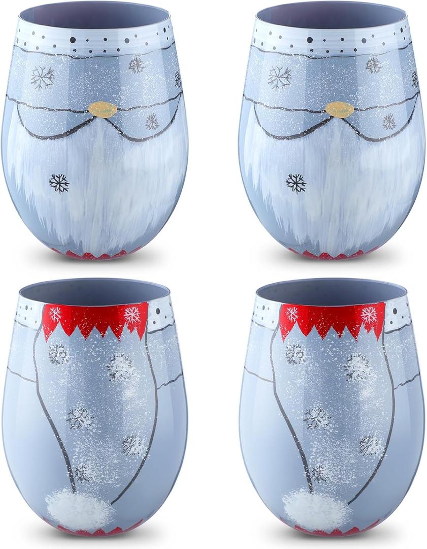 4 Pcs 20 oz Christmas Stemless Wine Glasses Gnome Holiday Wine Glasses Hand Painted Santa Gnome Design Festive Drinkware Mug Cup Gifts Hold Hot Cold Beverages for Xmas Winter Party