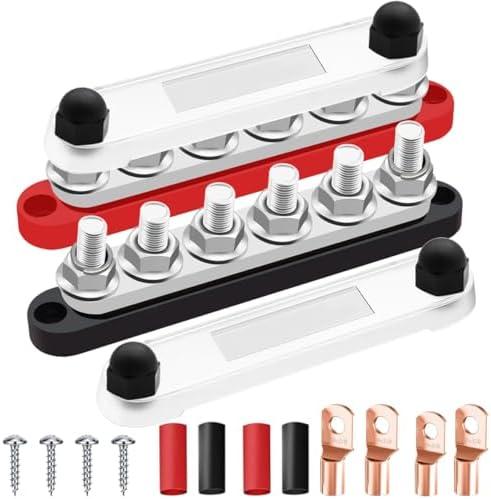350A 12V-48V Bus Bar Marine Power Distribution Block with Cover with 6 x 3/8Post,Battery Bus Bar (Pair,Red & Black),Automotive Busbars 12 Volt for Car Boat Solar Wiring