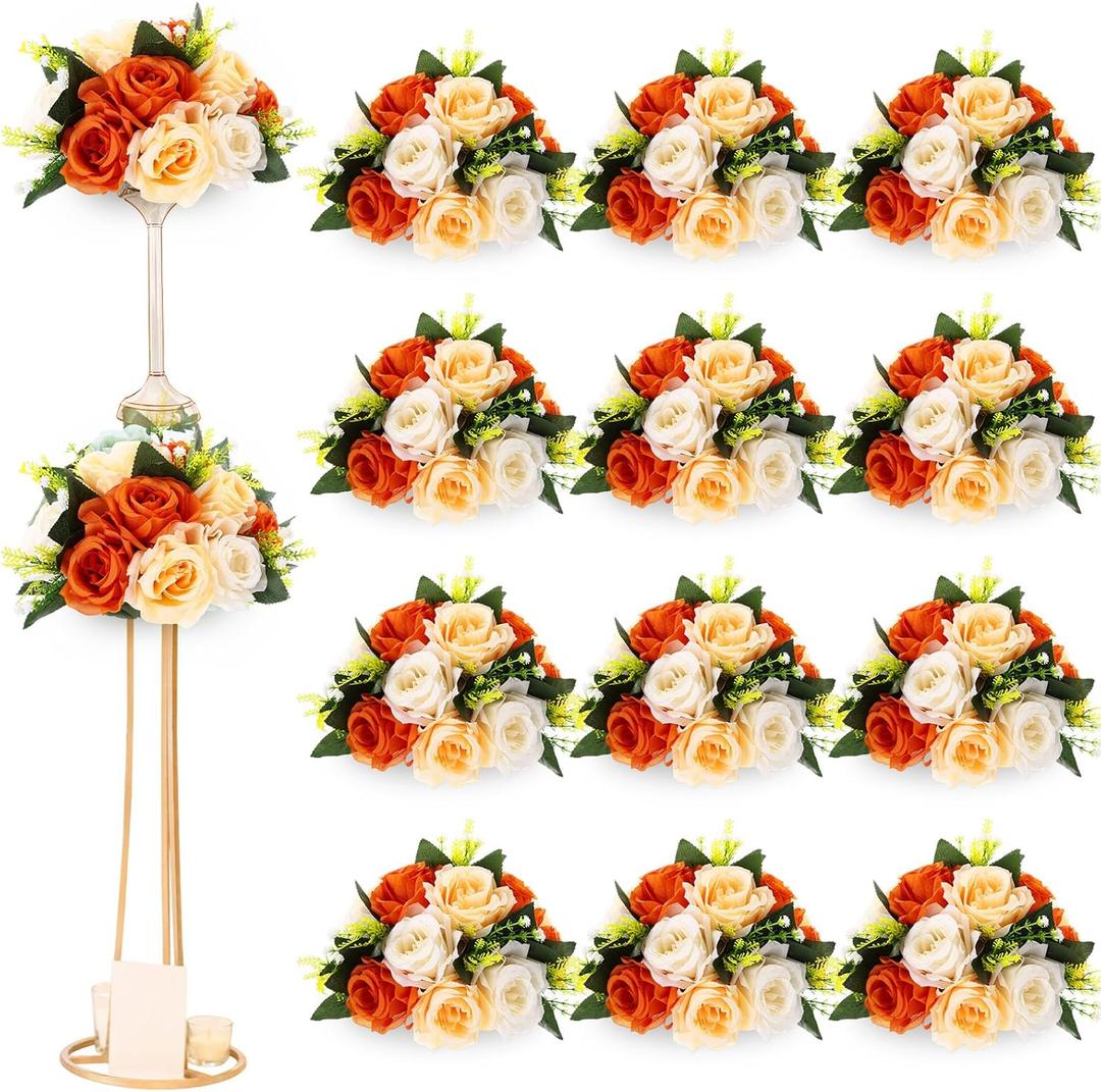 Hotop 12 Pcs Fall Artificial Flower Ball Centerpieces for Tables, Fall Wedding Table Decorations, Thanksgiving Silk Rose Floral Arrangements for Reception, Banquet, Wedding Party (Honey Orange)