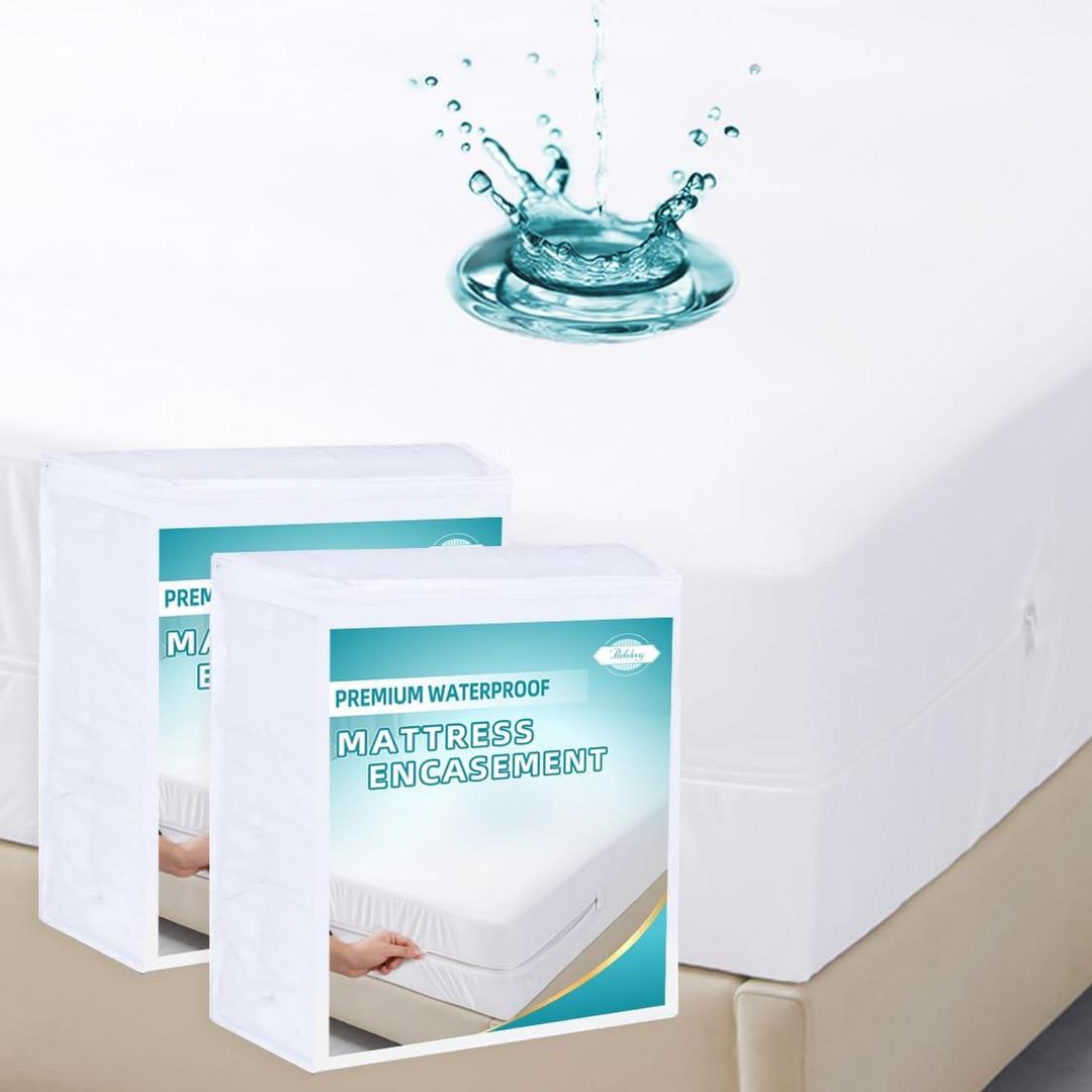 Full Waterproof Zippered Mattress Encasement, Breathable, Noiseless, Machine-Washable Zipped Mattress Cover, Fitting 7" - 13" Deep Mattress 2 Pack