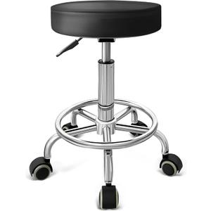 PU Leather Rolling Stool with Foot Rest Round Height Adjustment Swivel Spa Drafting Salon Tattoo Work Office Massage Vanity Stools Task Chair (Black), 15.74 inches x 12.59 inches x 22.83 inches