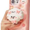 Kawaii 3D Dog Phone Case for iPhone 15 Pro (with Retractable Phone Stand & Grip) Cute Girly Cartoon Soft Silicone Phone Cover for Girls, Kids, Teens, and Women, Pink
