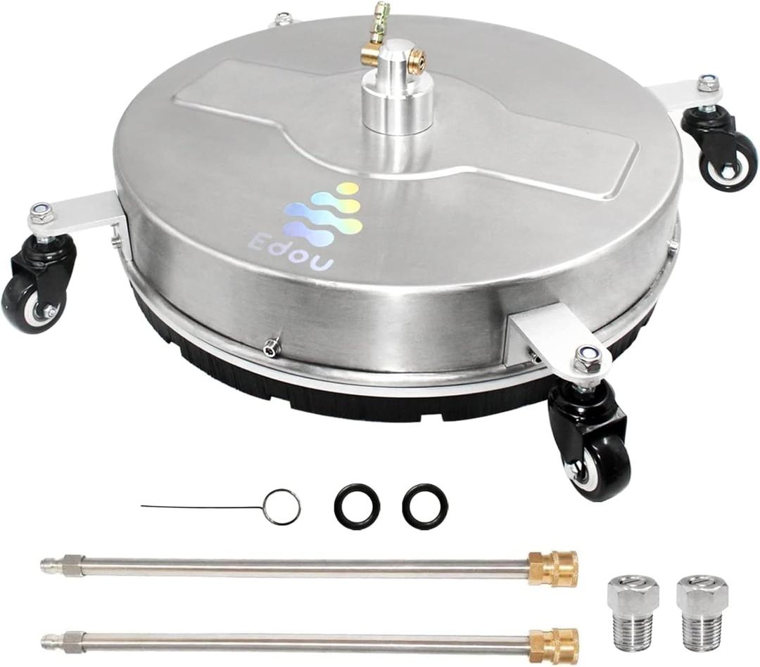 18-in Pressure Washer Surface Cleaner by EDOU - Stainless Steel Power Washer Attachment - 4,000 PSI Max - Concrete Cleaner with Dual Nozzles and Extension Wands - Silver