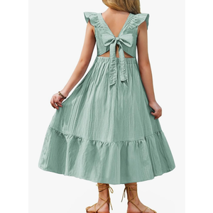 Arshiner Girls Summer Tie Back Dress Tween Boho Casual Square Neck Flutter Sleeve Maxi Dresses with Pockets, Size 6