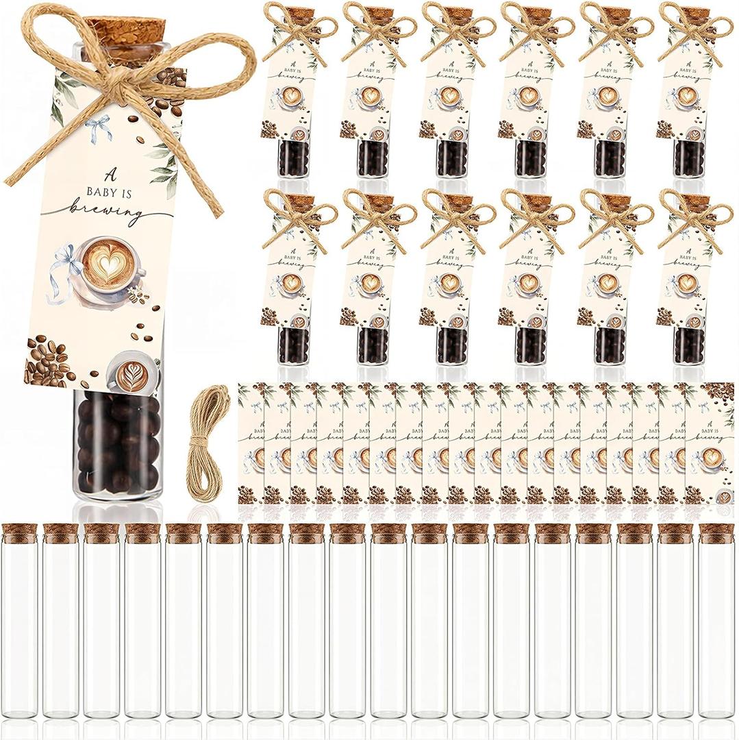Domensi 30 Set a Baby Is Brewing Shower Decorations Coffee Themed Baby Shower Favors for Guests, Includes 30 Glass Bottles with Cork Stopper 30 Thank You Cards for Party Souvenirs Gift(Fresh,Brown)