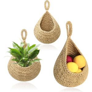 Hanging Baskets Set, 3 Pcs Boho Wall Hanging Basket with 6 Pcs Strong Hooks, Hand-Woven, Drop Molding, Used In Living Room or kitchen To Store Fruit and Vegetable And Potted Plants (Linen)