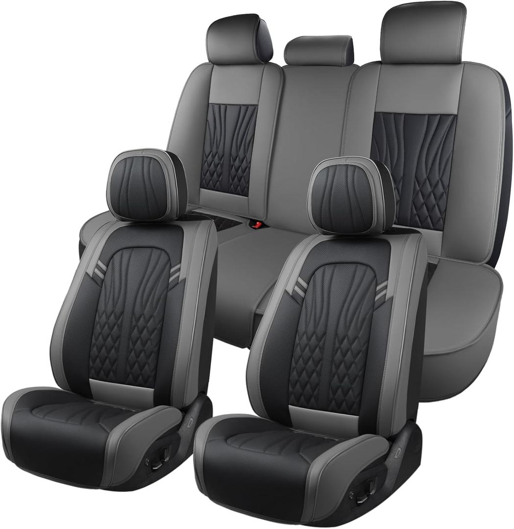 MINGBRON Leather Car Seat Covers,Car Seat Protector Waterproof,Seat Covers Full Set, Car Seat Protectors 5 Seats,Automotive Seat Covers Fit Most Cars Grey&Black