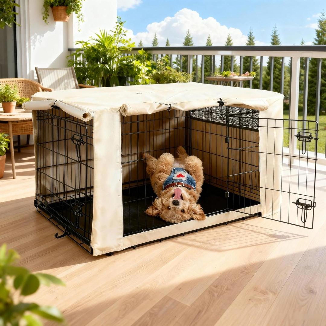 HiCaptain Dog Crate Cover 24.0" L x 18.0" W x 20.0" H with Breathable Mesh, Durable Heavy Duty Kennel Cover, Dual Zippered Panels, Windproof Waterproof UV-Resistant(Beige)