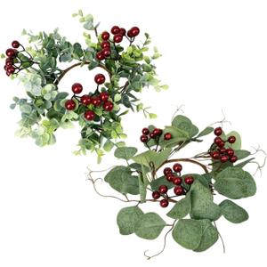 2pcs Christmas Candle Artificial Eucalyptus Berry Wreaths for Festive Table Decor for Holiday Parties Home Decoration Random Styles