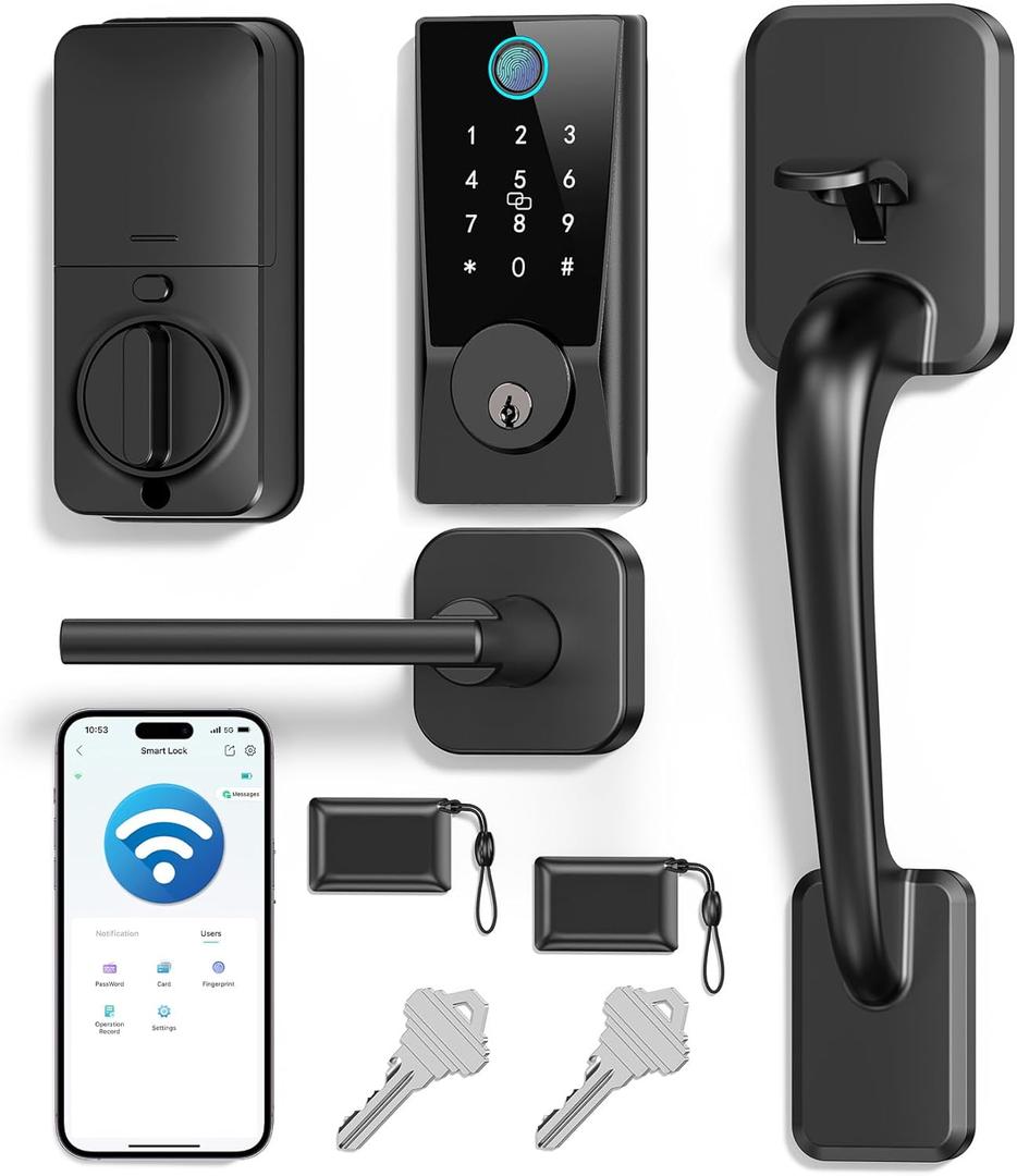 WiFi Smart Lock with Handleset, Built-in WiFi Door Lock, Keyless Entry Deadbolt for Front Door, Fingerprint, App & Remote Control, Compatible with Alexa & Google Assistant, Auto Locking