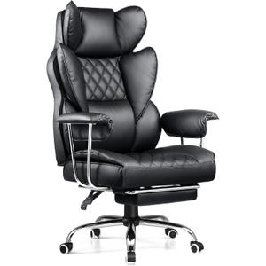 COMHOMA Big and Tall Office Chair, High Back Leather Gaming Chair with Footrest, Executive Ergonomic Office Chair with Pocket Spring Lumbar Support and with Outward Fixed Soft Armrests (Black)