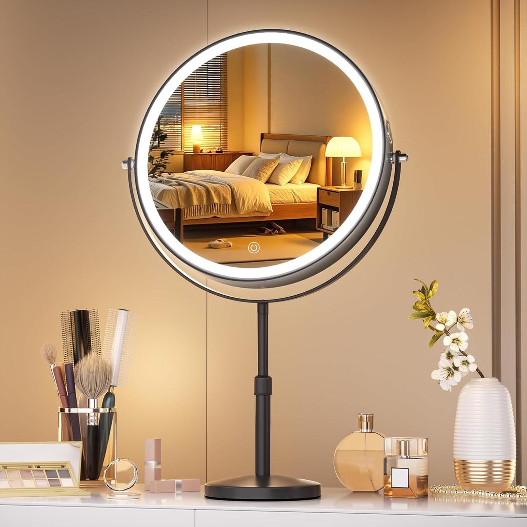 Hasipu 10-inch Lighted Makeup Mirror with Magnification, Rechargeable 3000 mAh Vanity Mirror with Lights, Desk Mirror with Dimmable Brightness, 3 Lighting Modes, Height Adjustment, Black (5"L x 18"W)