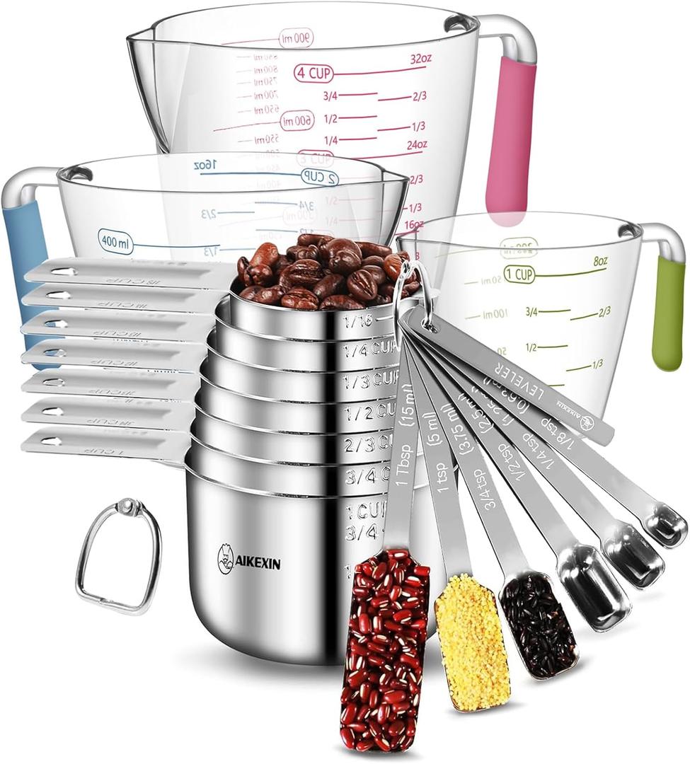 Measuring Cups and Spoons Set of 19 - Stackable Stainless Steel Measuring Cups Spoons & Plastic Measuring Cup for Dry and Liquid Ingredients, Cooking & Baking Kitchen Gadgets