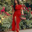 GOKATOSAU Women's Asymmetry Neck High Side Split Bodycon Ruched Plus Size Long Maxi Dress (Red)