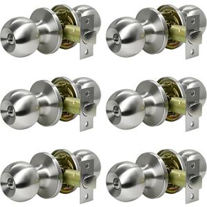 SUNTAI 6 Pack Privacy Door Knobs, Satin Nickel Round Doorknobs Interior/Exterior Lockset, Keyless Door Handle with Lock for Bedrooms/Bathrooms