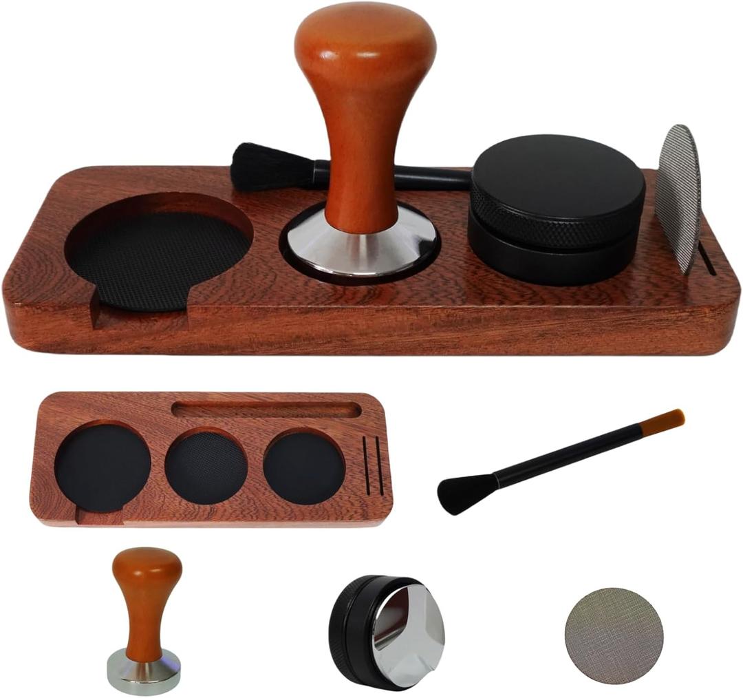 Espresso Machine Accessories,5pcs Espresso Tamper Kit,51mm Espresso Coffee Tamper Tools Set,Sapele Wood Espresso Tamping Station with Tamper,Double-headed Brush,Coffee Leveler and Puck Screen