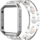 Simpeak Fashion Elastic Band Compatible with Fitbit Blaze Smartwatch Fitness, Large(7.28") Handmade Beaded Jewelry Bracelet Band Strap Replacement for Fit bit Blaze Women, White