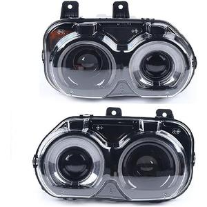Front Headlight Assembly For 2015 2016 2017 2018 Dodge Challenger, Left Driver+Right Passenger Side Replacement, Halogen Headlamp Black Housing Clear Lens