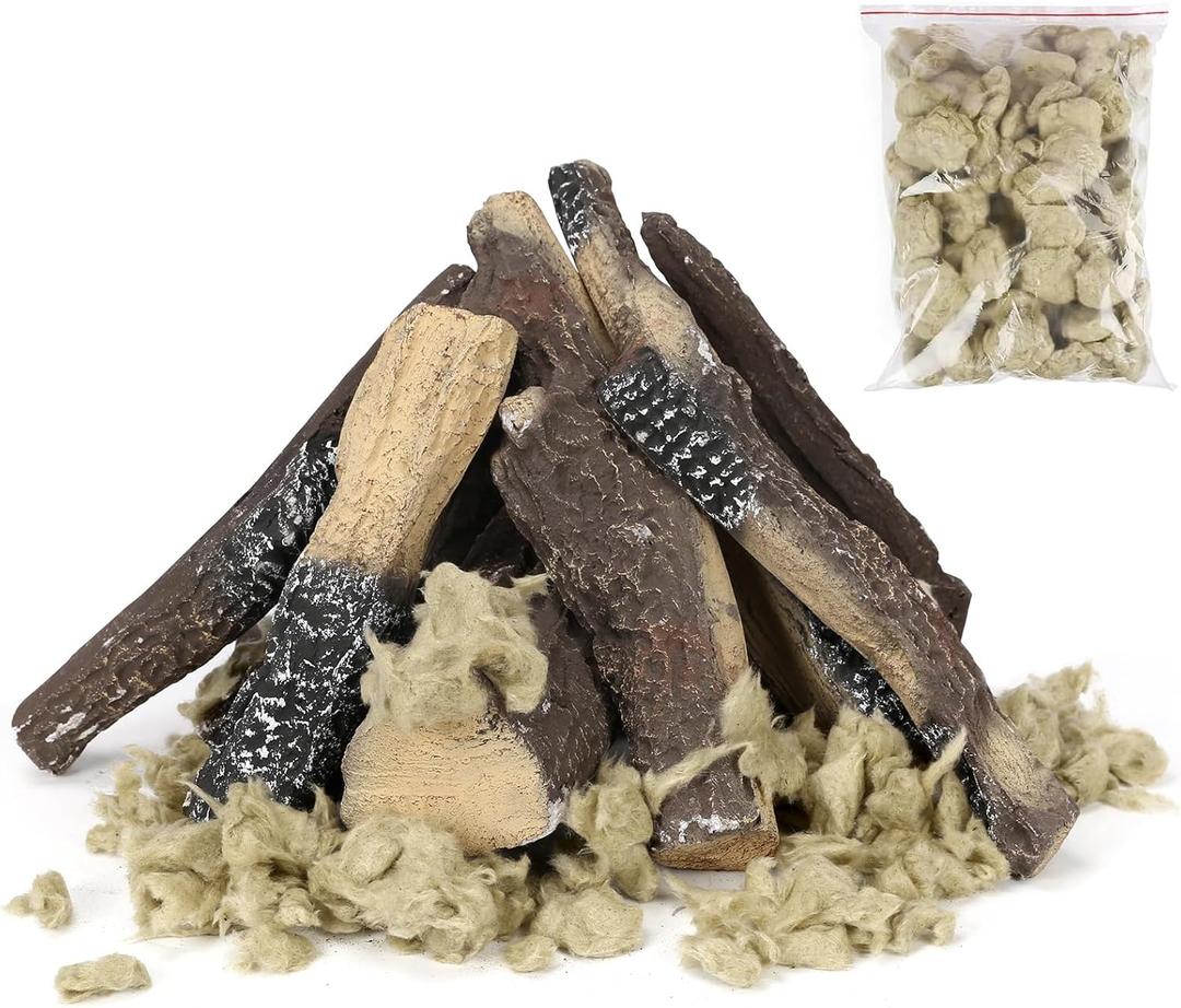 QuliMetal 10PCS Gas Fireplace Logs Set with 6 Oz Glowing Embers  for Indoor/Outdoor Gas, Propane, Electric, Vented, and Fire Pits  Realistic Fake Logs for Fire Pit, Fireplaces and Inserts