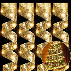 Sherr 4 Pcs 79ft Christmas Ribbon Lights Christmas Tree Decorations 240 LED Lights Fairy Lights Xmas Ribbon Battery Powered Operated Indoor String Lights Holiday Party Decoration (Gold)